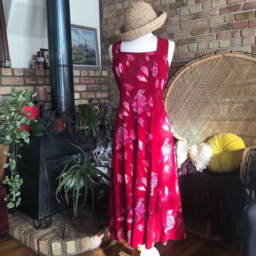 Vintage 90s sundress red floral print rayon sundress